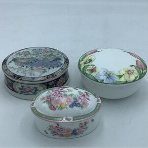 Three Lidded Floral Trinket Boxes